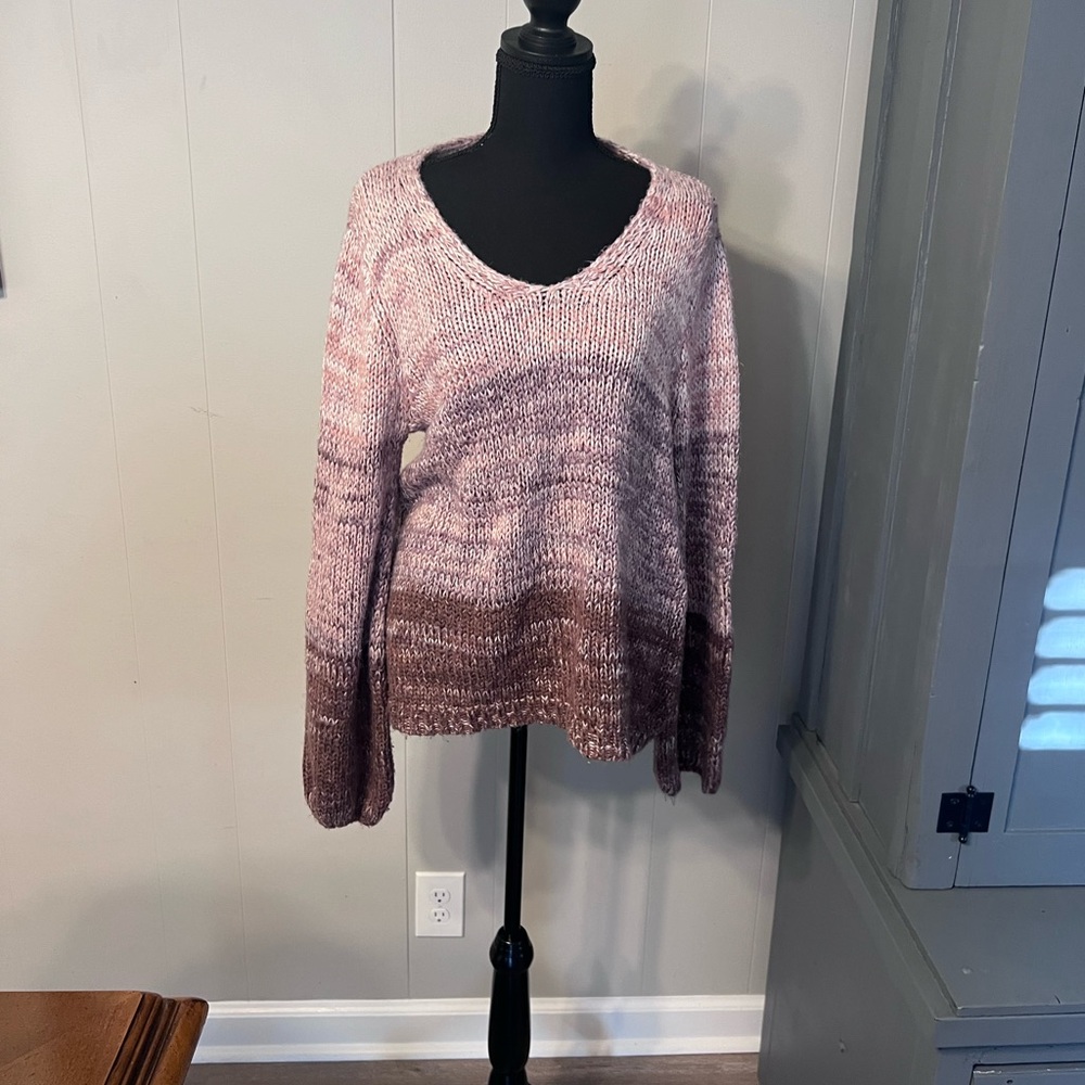 Anthropologie Women's Bell Sleeve V Neck Pink Ombre Sweater